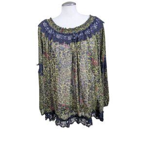 Penningtons Womens Plus 4X Long Sleeve Top Leopard Print Lace Trim Sheer Sexy